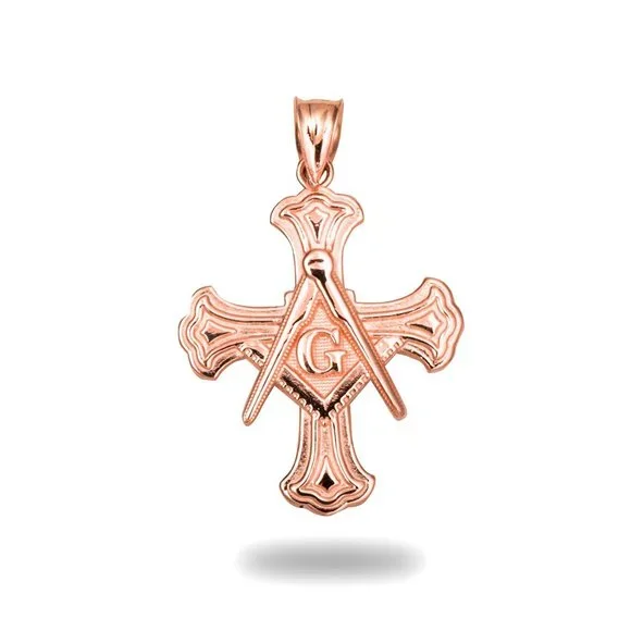 10K Solid Gold Freemason Cross Square and Compass Pendant